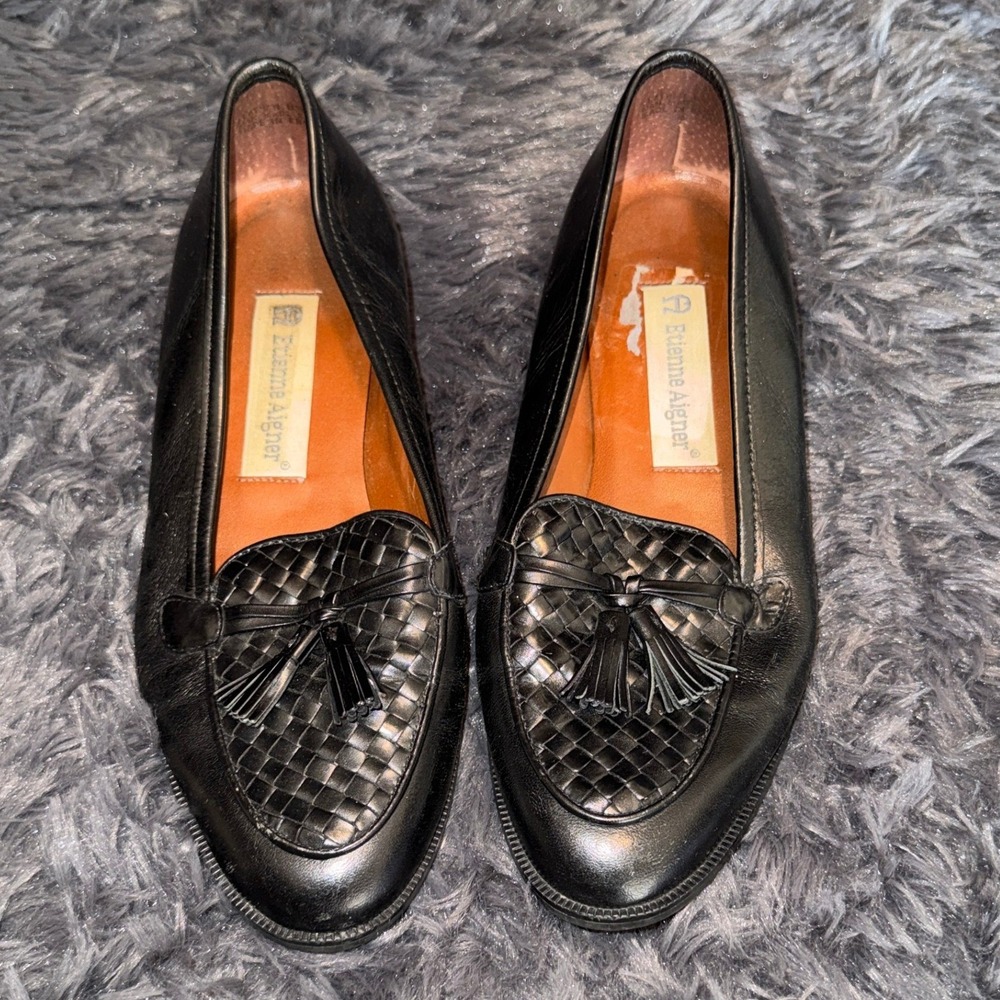 Etienne Aigner Ally Black Leather Woven Tassel Loafers Womens Size 5.5 M Slip On